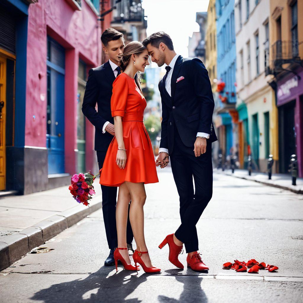A stylish couple sharing a romantic moment in a vibrant city street, showcasing their fashionable footwear. The man wears sleek leather shoes, while the woman flaunts colorful high heels, with hearts and flowers subtly incorporated in the background to symbolize love. The scene should exude passion and elegance, highlighting the connection between footwear and romantic expression. super-realistic. vibrant colors. urban setting.