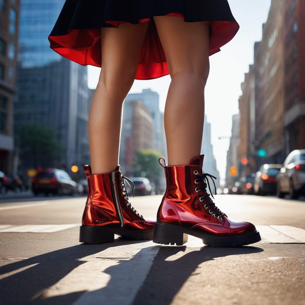 A visually striking composition featuring a pair of elegant high boots on one side and stylish chic sneakers on the other, set against a backdrop of a bustling city street. The sunlight casts dynamic shadows, emphasizing the contrast between the footwear styles, with subtle heart motifs floating in the air to symbolize adoration. The scene conveys a sense of fashion and urban lifestyle. super-realistic. vibrant colors. soft focus.