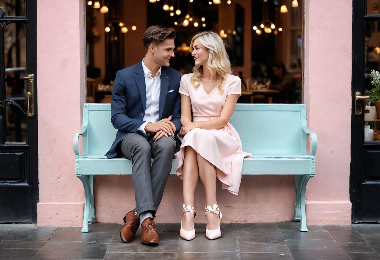 A romantic scene featuring a couple sitting close together, both wearing stylish and complementary footwear that sparks connection. Their shoes are adorned with subtle hearts, and the background showcases a cozy café ambiance with soft lighting. Include elements that signify intimacy, like intertwined fingers and affectionate glances. The focus is on the footgear, elegantly displayed to symbolize love and togetherness. soft pastel colors. 3D. whimsical touch.
